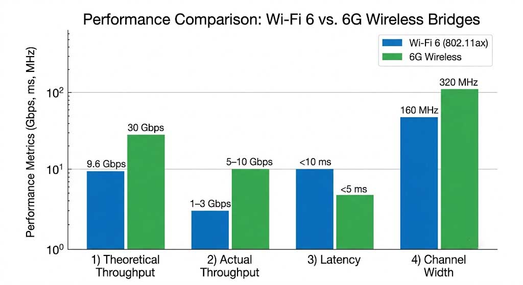 WiFi 6 vs 6G Wireless Bridge Performance Comparison Chart