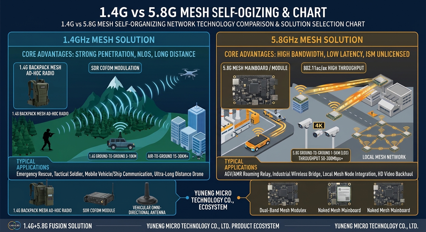 Diagram showing a 1.4 GHz low-band mesh network maintaining non-line-of-sight links through buildings and vegetation