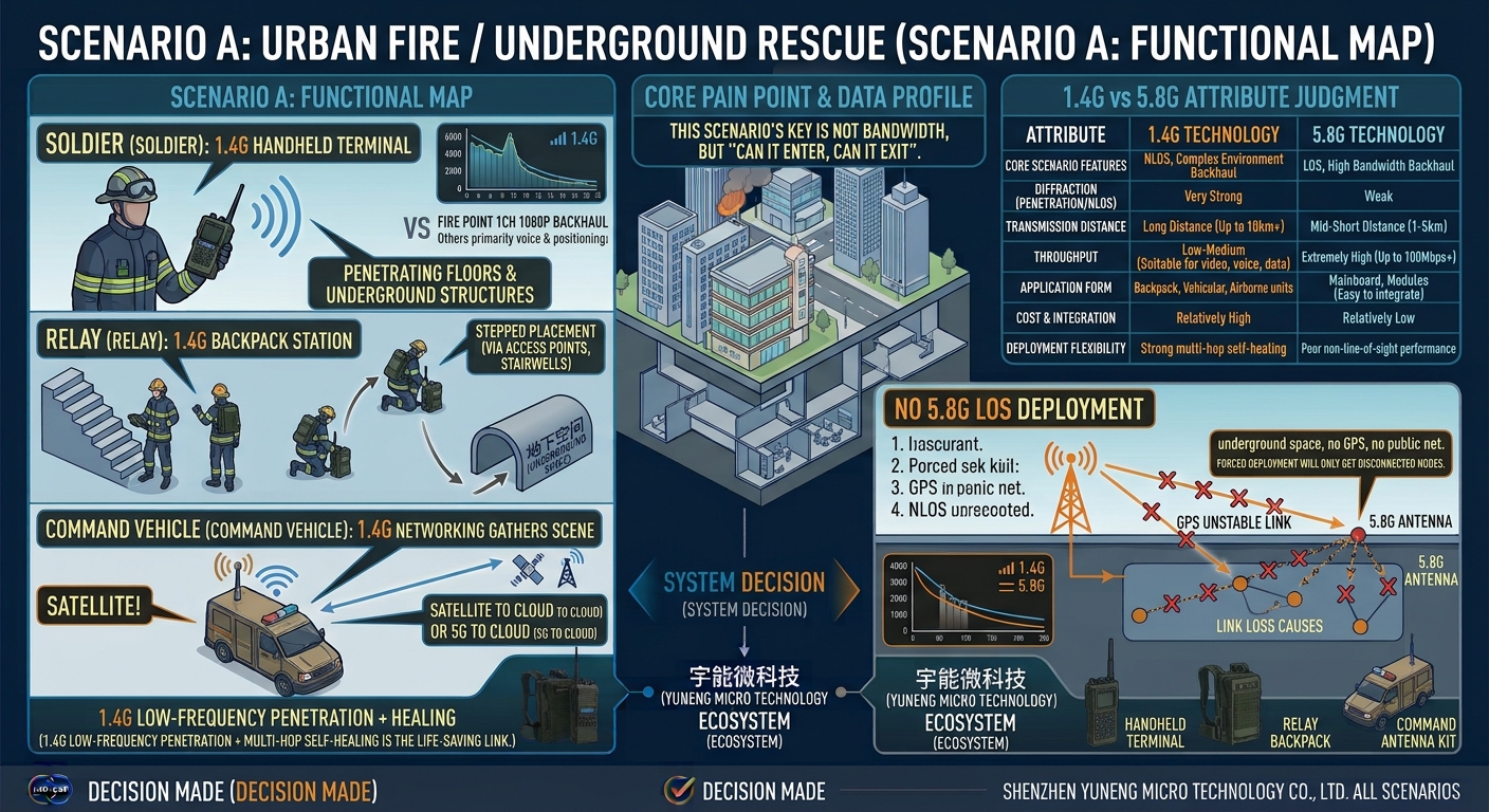 Urban high-rise and subterranean fire rescue, with a 1.4 GHz mesh using manpack relays to maintain non-line-of-sight links