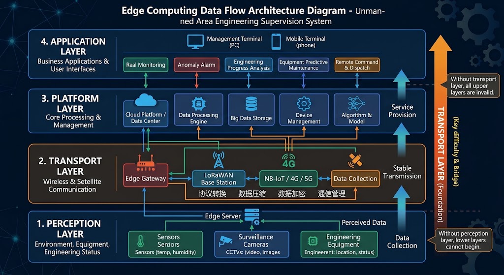 Four-layer technical architecture of remote-site project supervision: sensing layer sensors, transport layer Mesh network, platform layer edge computing, application layer AI supervision