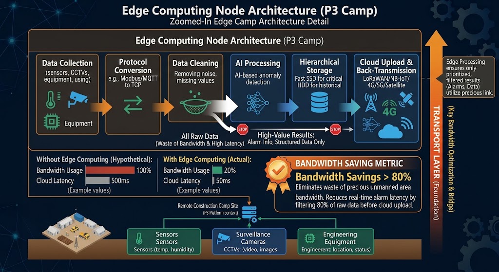 Edge-computing architecture diagram: sensor data flows to the edge gateway for processing and then uploads to the cloud