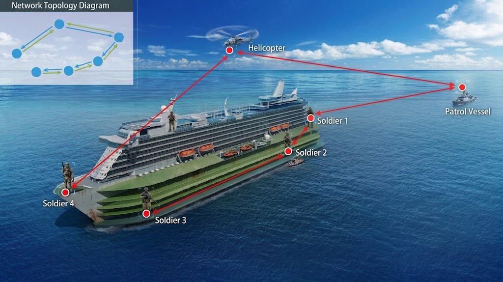 Vessel-boarding reconnaissance MESH Ad-Hoc wireless communications