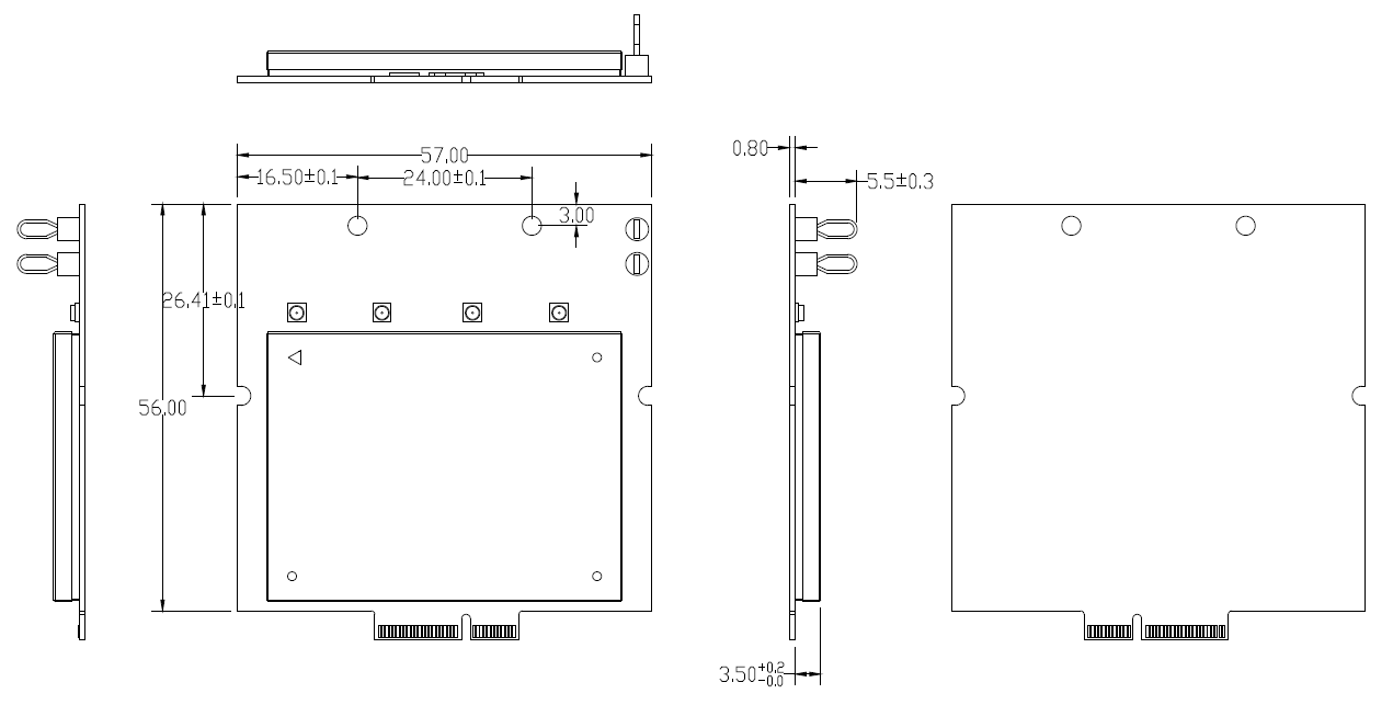 WLW3000H6 WiFi 6E Module Hardware Diagram showing CH0-CH3 U.FL connectors, Ground Pin, 5V External Power Pin, and M.2 E Key Edge Connector
