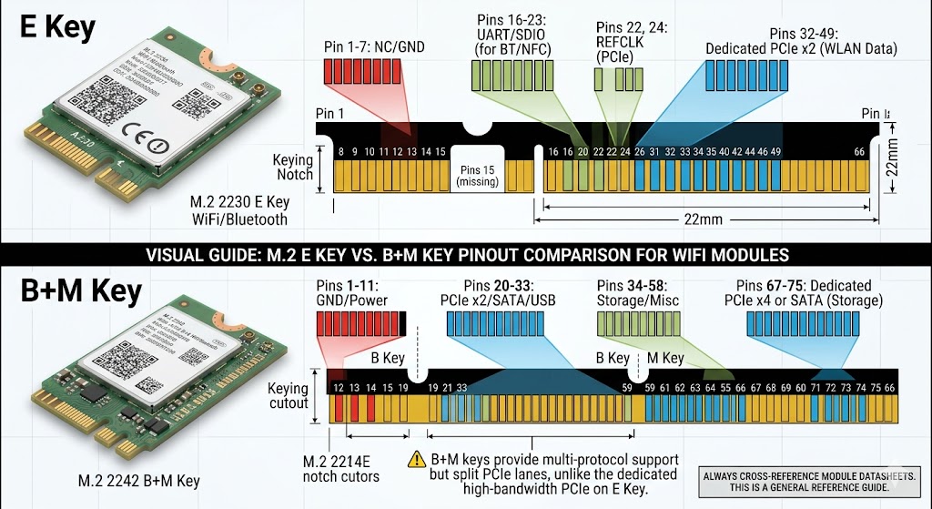 M.2 E Key vs B+M Key WiFi Module Pinout Diagram — Physical Pin Mapping and Key Notch Positions